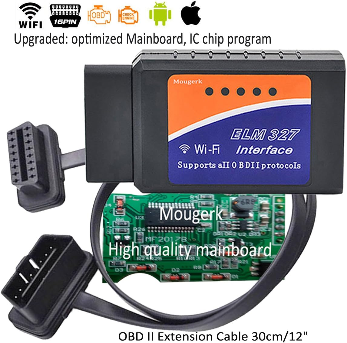 Mougerk Car WiFi OBDII Scan Tool, ELM 327 / OBD 2 Scanner Diagnostic Tool, for iPhone iPad & Android [Updated Version]
