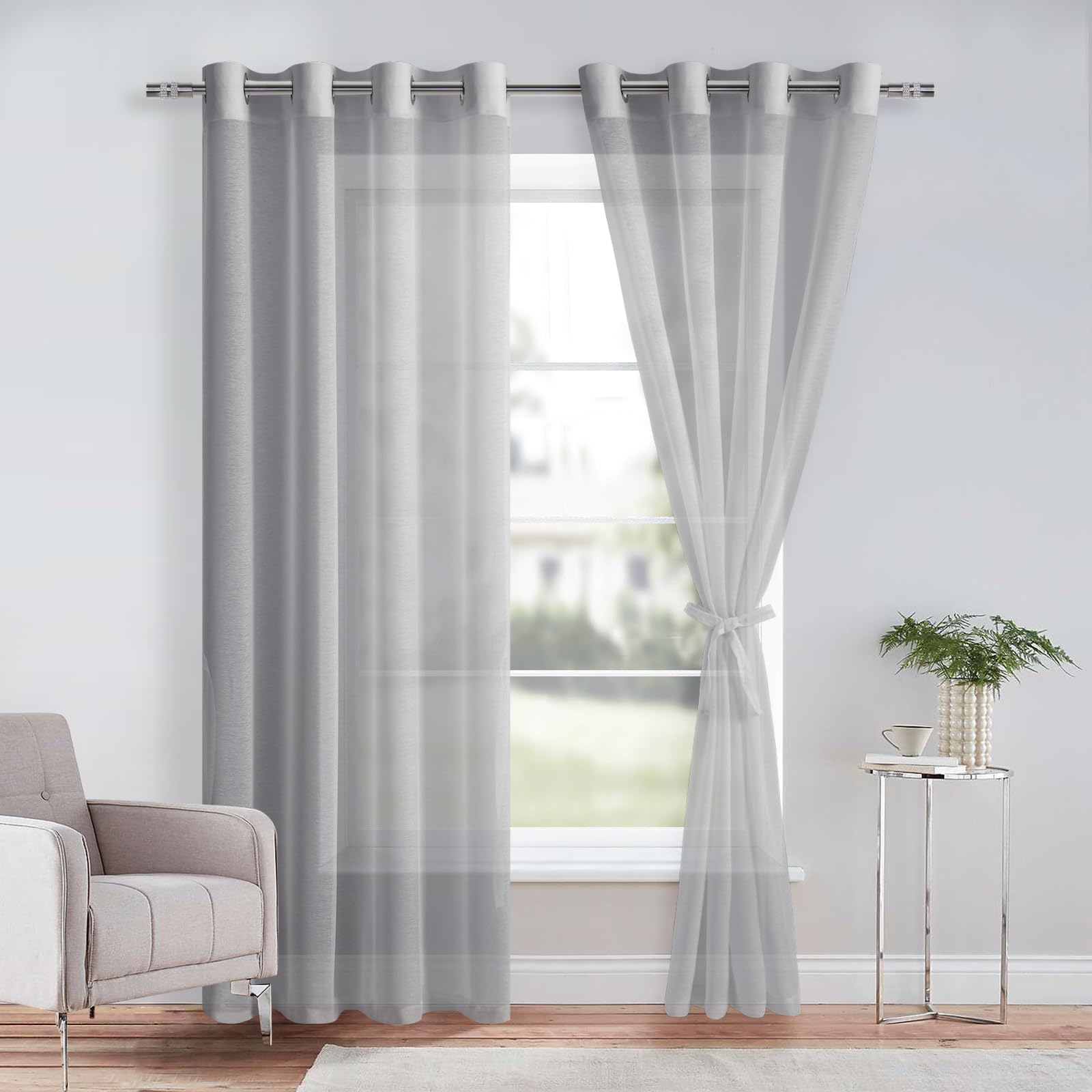 DWCN Grey Sheer Curtains with Tiebacks Semi Transparent Voile Grommet Curtains Elegant Window Curtains for Bedroom and Living Room,2 Panels,W52 x L84