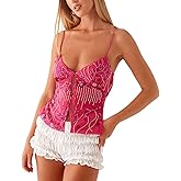 MISSACTIVER Women’s Y2K Sequin Cami Tops Sexy Sparkle Lace Up Crop Top Tie Front Backless Low Cut V-Neck Straps Tank Top