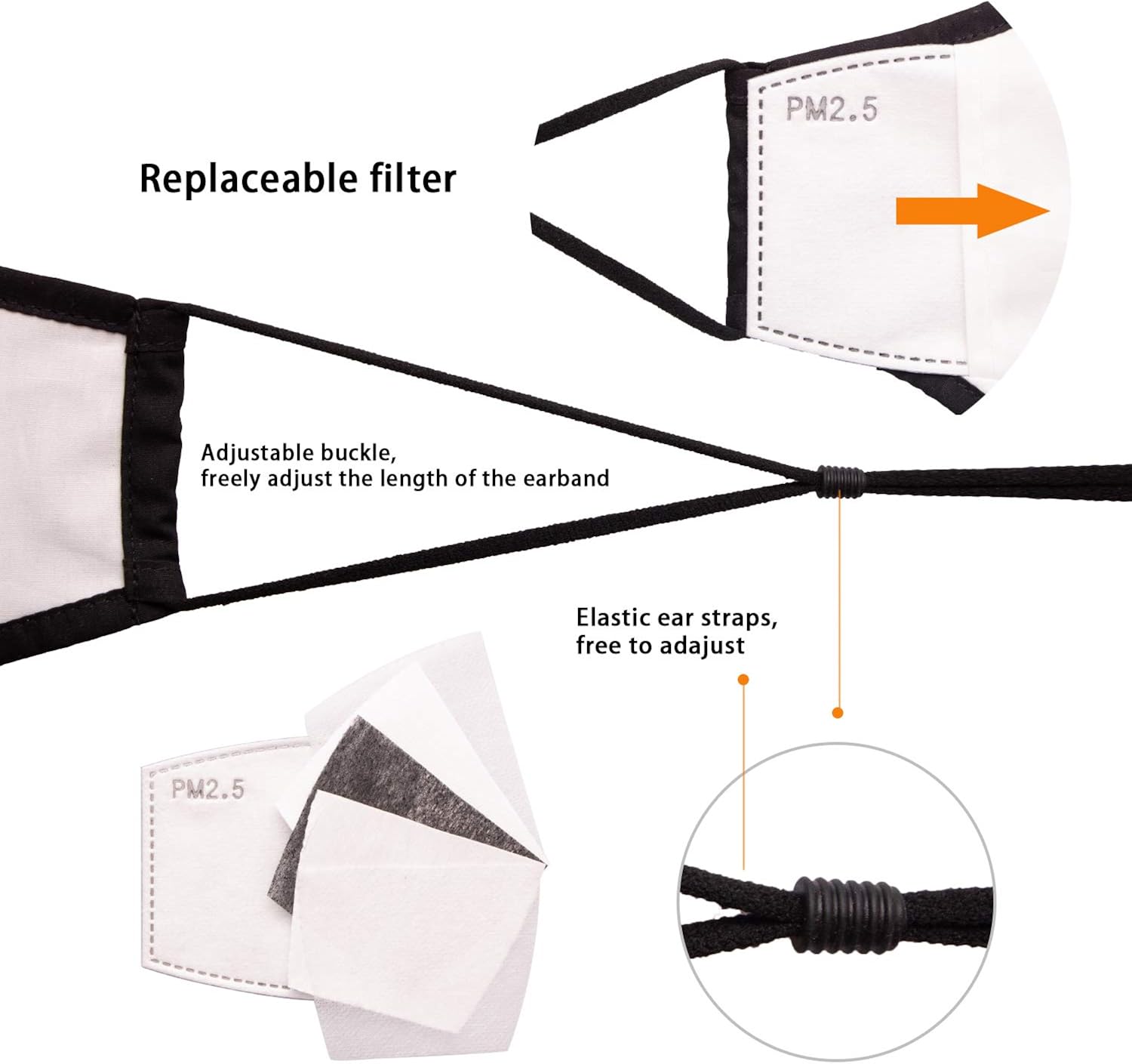 (5 Pack) Reusable Cloth Face Mask,Black Unisex Washable Breathable Cotton Masks Adjustable Cloth for Men and Women: Clothing