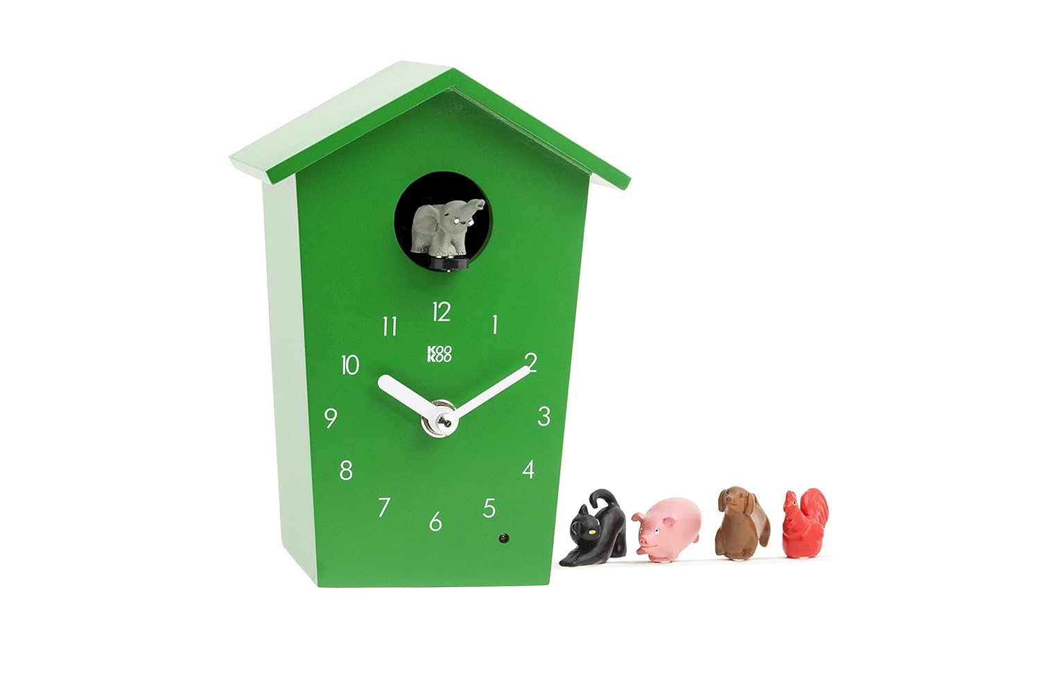 KOOKOO AnimalHouse green, striking small cuckoo clock with 5 farm