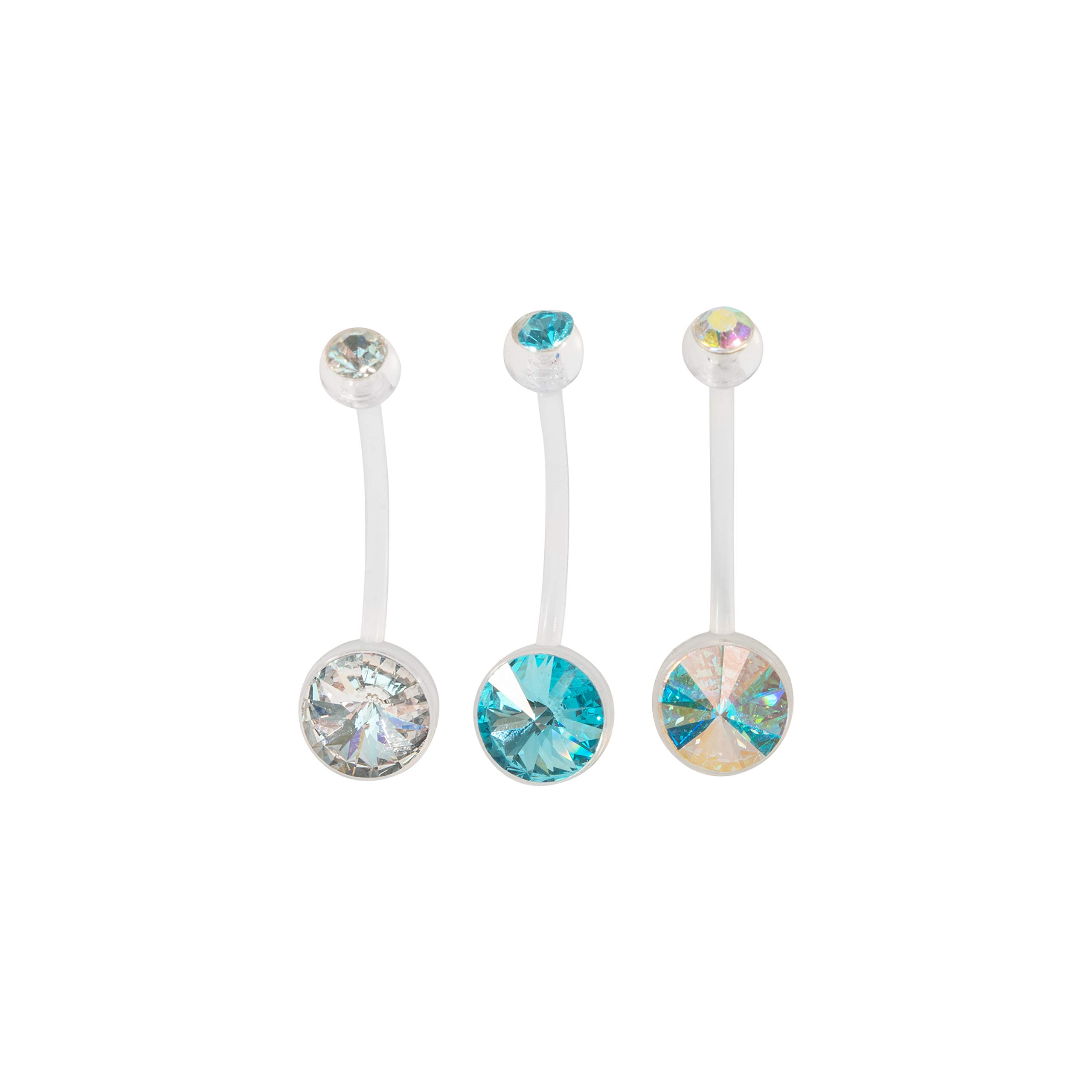Double Jewel Crystal Pregnancy Maternity Belly Navel Bar Bioflex/Plastic Flexible PFTE Body Piercing Jewellery bars/rings (Set of 3 - Clear, Aquamarine, AB Rainbow)