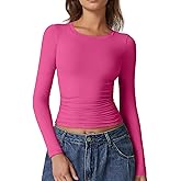 QINSEN Womens Crewneck Long Sleeve Shirt Double Lined Basic Tees Side Ruched Going Out Crop Tops