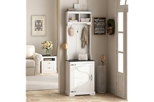 Maupvit Farmhouse Narrow Coat Rack with Shoe Storage, 6 Shoe Cubbies & 4 Coat Hooks, Hall Tree with Shoe Storage, Entryway Bench with Adjustable Shelves for Hallway, Living Room, Mudroom, White