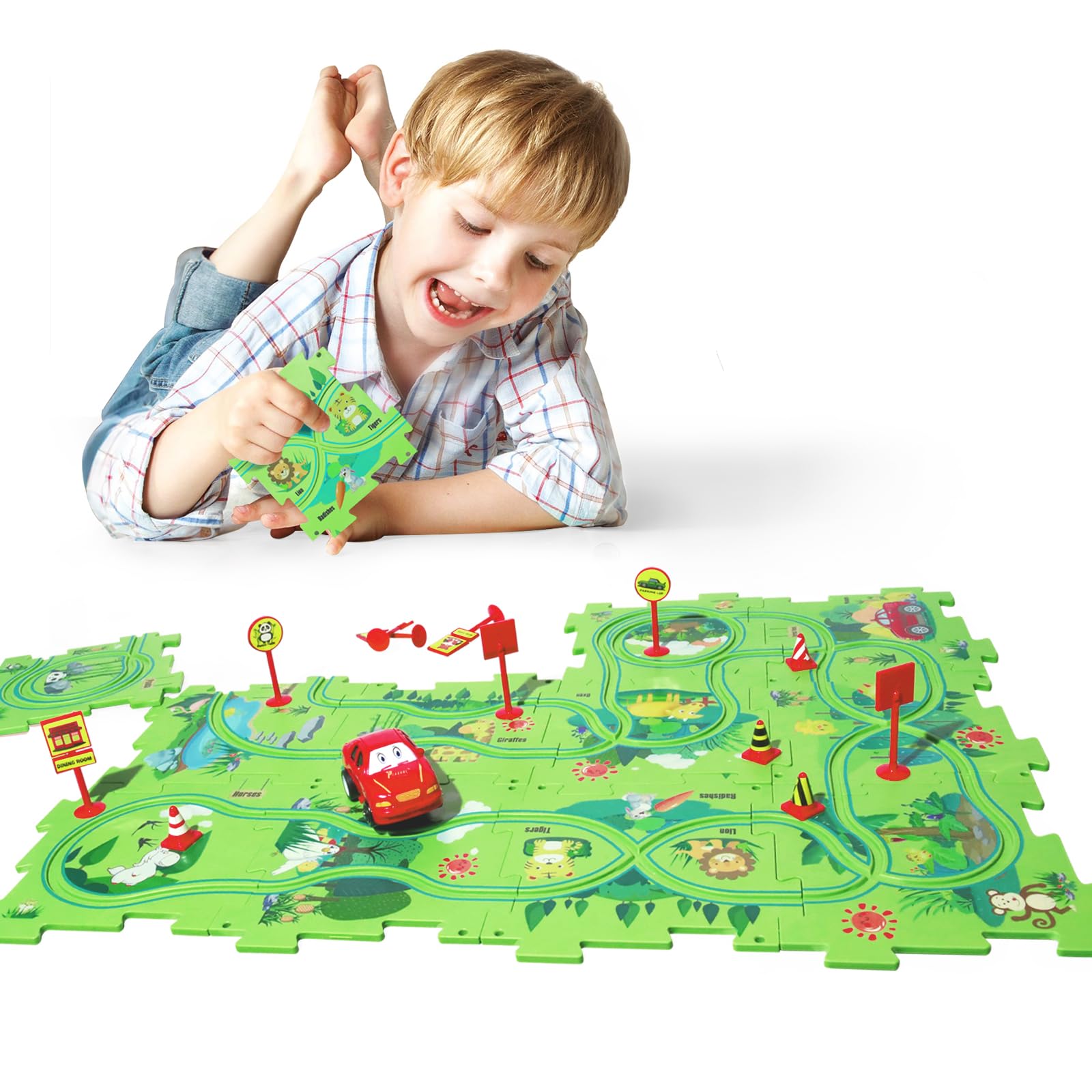 KADAYAYA Plastic Puzzle Track Play Set for Kids 4-6 Years Old Rail Car Track Jigsaw with Racer Vehicle for Boys Girls Age 3-5 Educational Montessori Track Toy Gifts for Toddler Boys Girls 3 4 5 6