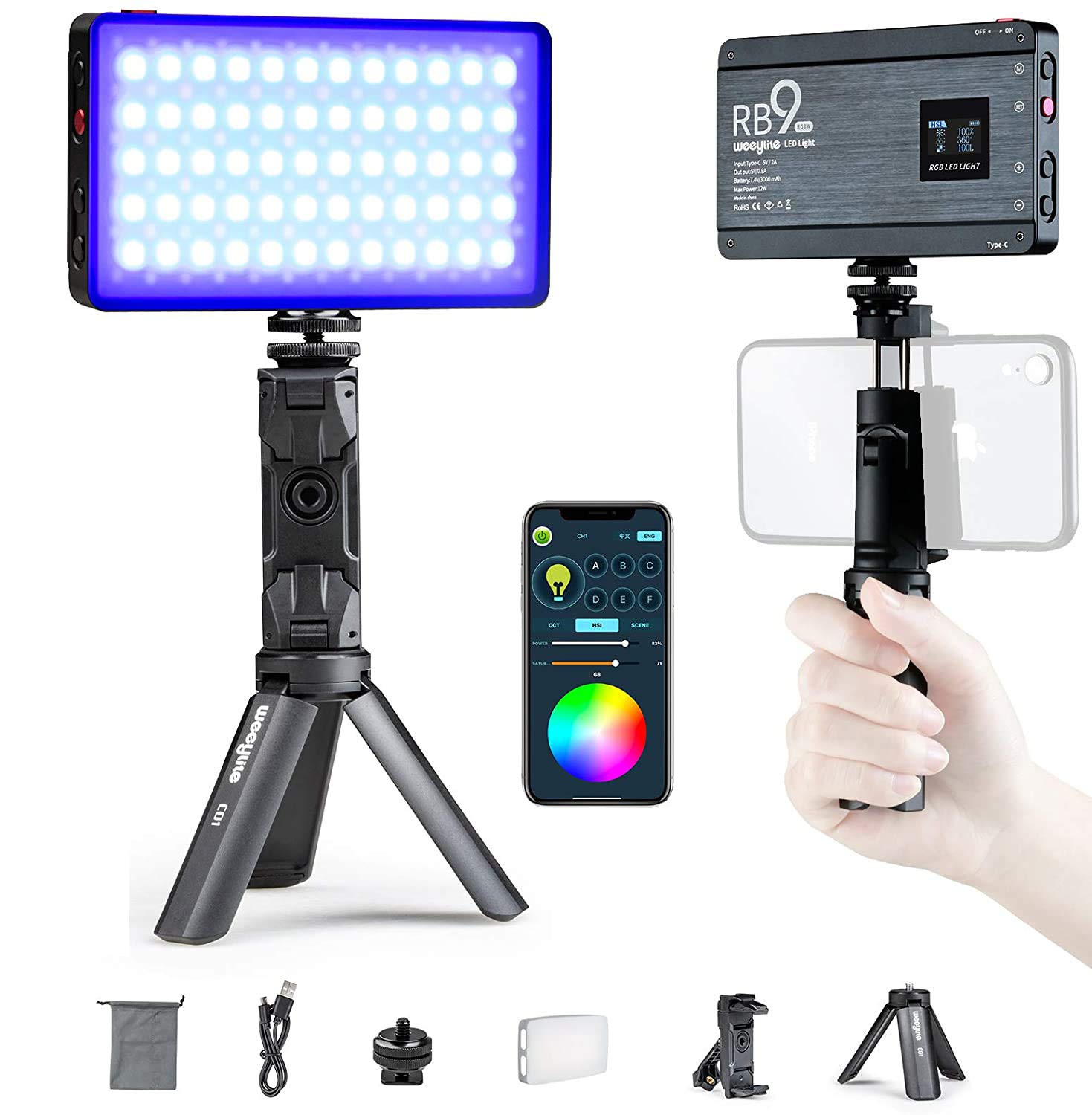 Weeylite RB9 RGB Video Light with App Control and Tripod,Rechargeable Built-in Battery 360° Full Color Dimmable 2500K-8500K Pocket LED Camera Light Panel with OLED Screen/Aluminum Alloy Body