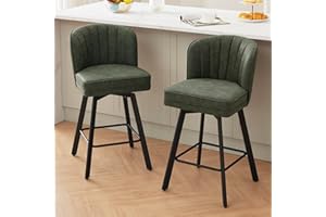 SAECKBERG Swivel Counter Height Bar Stools Set of 2, 26'' Modern Barstools with Backs and Metal Legs, Upholstered Bar Chairs, Faux Leather Green Stools for Kitchen Island Chairs