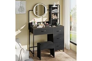 IDEALHOUSE Vanity Desk with Circle Mirror and Lights, Modern Makeup Dressing Table with Charging Station, Power Outlet with 4