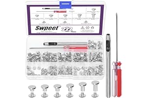 Swpeet 110 Set 6 Sizes M5 x 4mm/5mm/6mm/8mm/10mm/12mm Silver Leather Rivets Chicago Binding Screws with Install Tools Assortm