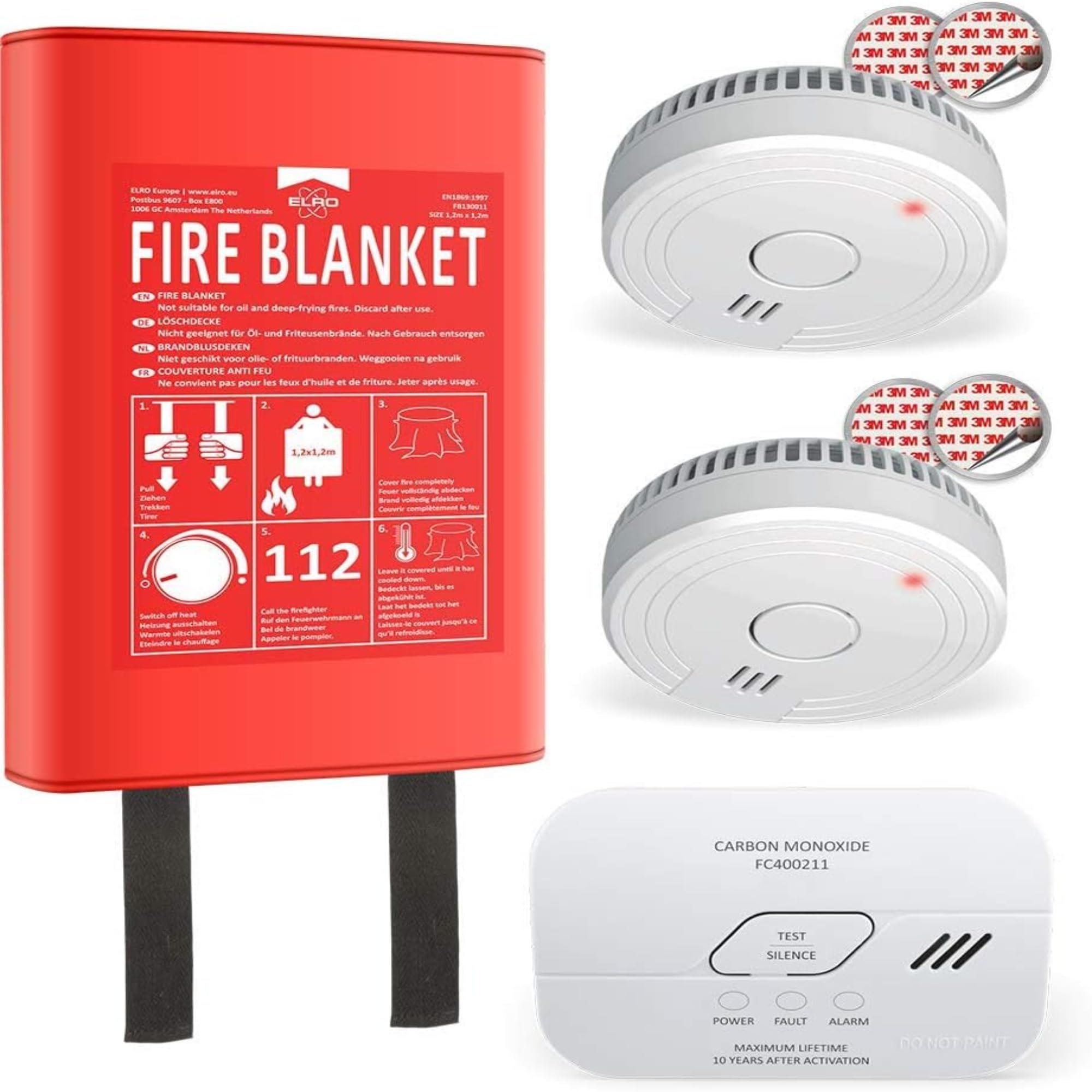 ELRO FF0404 Fire Safety Kit Kit-2x Smoke Alarm with 5 Battery-CO Detector with 10 Year Sensor and Hardcover Blanket x 1,2m