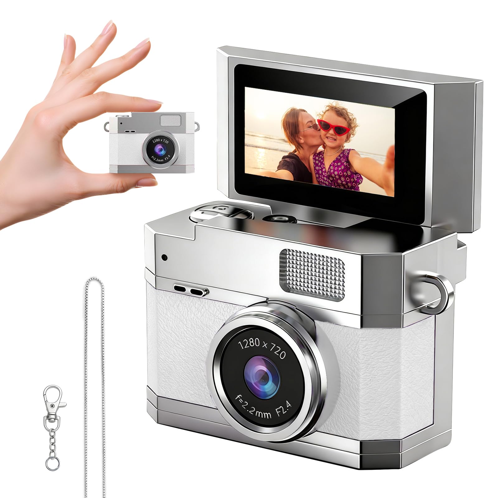 Photo 1 of ?Mini Keychain Digital Camera White - HD Mini Digital Camera with 0.96" Flip Screen & 32GB Card, Portable Wearable Keychain Camera for Bag Charm, Necklace Pendant, Selfie, Travel, and Vlogging