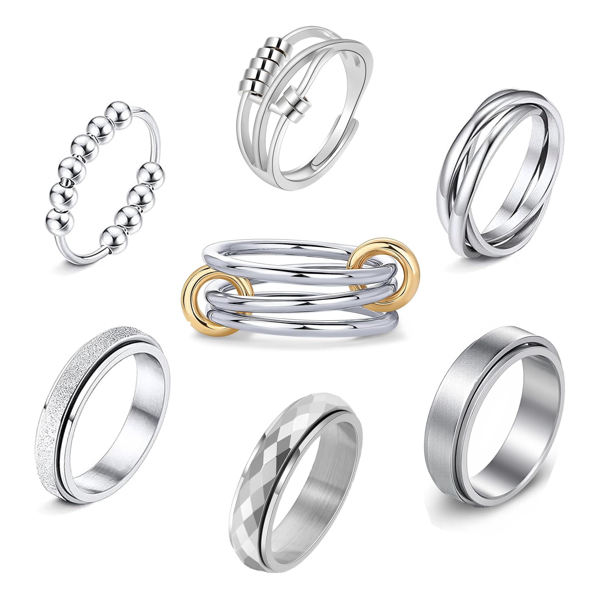 LOFITOR Fidget Rings for Anxiety 7pcs Stainless Steel Spinner Ring Anti Anxiety Ring Spinning Interlocking Cool Stress Relieveing CZ Fold Rings for Women Men Band Rings Set Elegant Silver