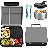 Bento Lunch Box with 8oz Soup Thermo, Kids Leakproof Lunch Food Containers with 4 Compartment, Kids Thermo Insulated Hot Food Jar for School, Trvael (Grey)