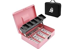 ZYNKORA Locking Cash Box with Carry Bag, Metal Money Box with Money Tray, Durable Lock Safe Box with Lock,4 Bill 5 Coin Slots,Cantilever Design, Combination Code Large Cash Boxes, Money Saving Organizer, Pink