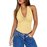 REORIA Womens Sexy Cowl Neck Halter Body Suits Summer Open Back Bodysuit Tank Tops