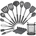 HOTEC Heat Resistant Silicone Kitchen Utensils, Cooking Utensil Set, Spatula Set, BPA Free, Kitchen Gadgets, with Stainless Steel Utensils Holder, Dishwasher Safe, 14pcs Grey