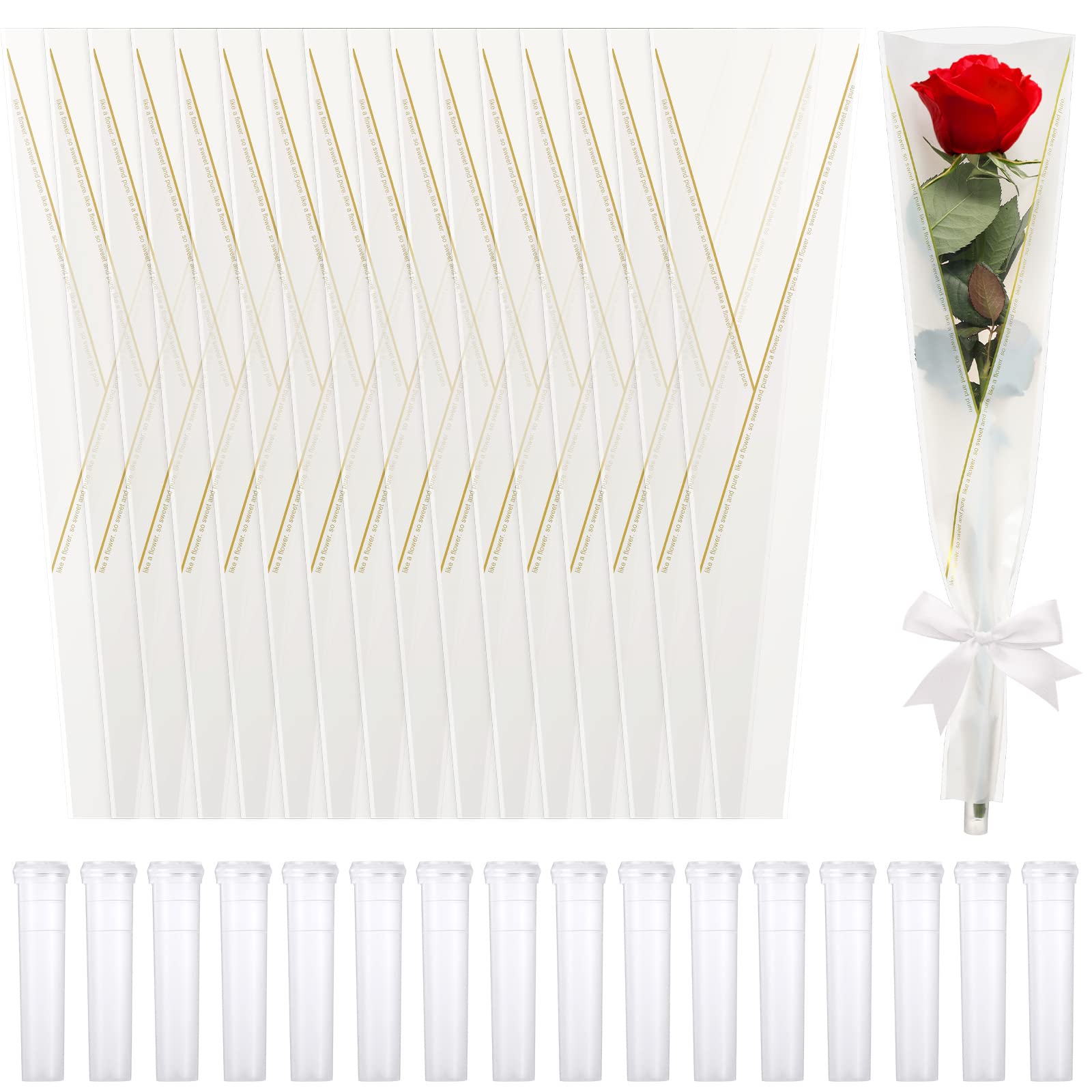 Photo 1 of Thenshop Set of 400 Single Rose Sleeve Bulk Valentine Flower Packaging Kit 200 Pcs Single Flower Wrapping Bouquet Bags 200 Pcs Plastic Water Tubes for Mothers Day Wedding Graduation Birthday(White)