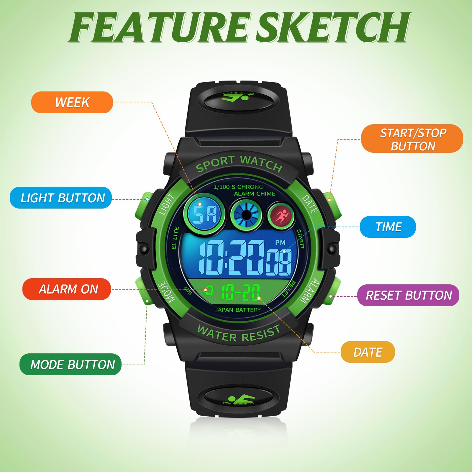 Dayllon Kids Digital Watch,Boys Digital Outdoor Sport Waterproof Watch,with Calendar 12/24H Alarm 7 Colorful Backlight Stopwatch Wristwatch for 3-15 Years Old