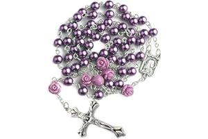 Nazareth Store Catholic Purple Pearl Beads Rosary Necklace Our Rose Lourdes Medal & Cross NS