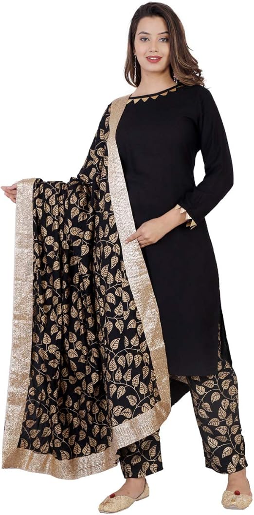 Buy Evozana Women's Rayon Gold Printed Kurti and Pant With Dupatta