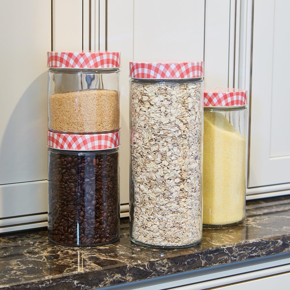 Anchor Hocking 4 Piece Glass Cylinder Jar Set with Gingham Lids, Clear/Red: Kitchen & Dining