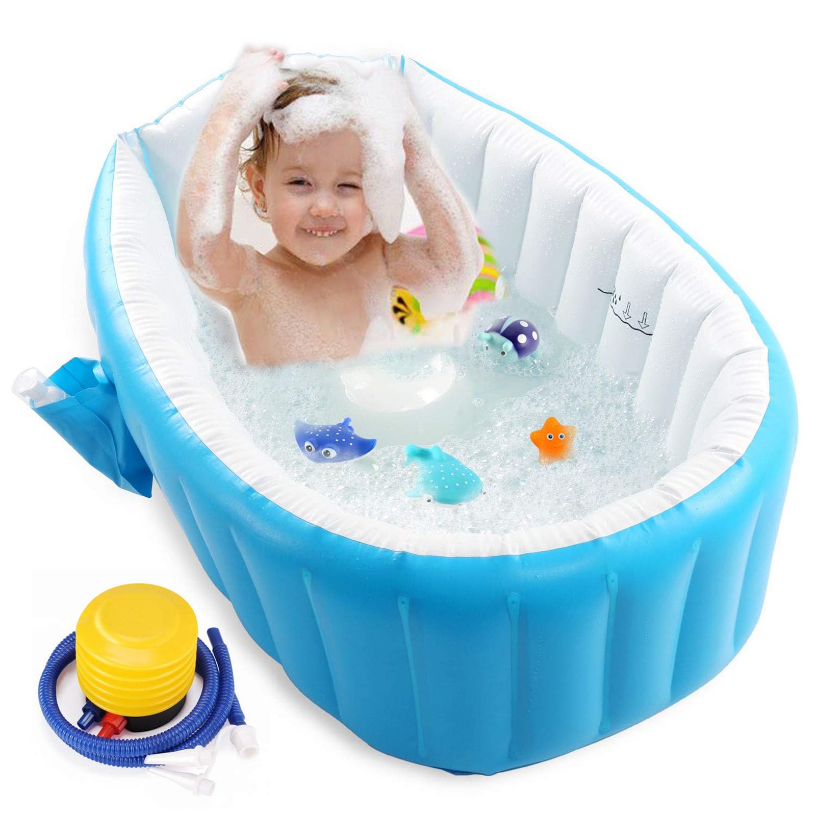 Inflatable Baby Bathtub ，Portable Inflatable Baby Bathtub - Non-Slip, Foldable Design with Air Pump - Essential Travel Bath for Newborns (Blue)