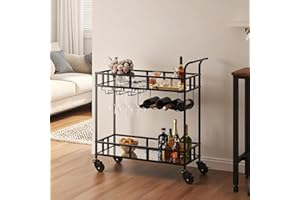 Modern Gold Bar Cart with Mirrored Shelves - 2-Tier Mobile Wine Cart with 4-Bottle Wine Rack & Stemware Glass Holder - Luxury