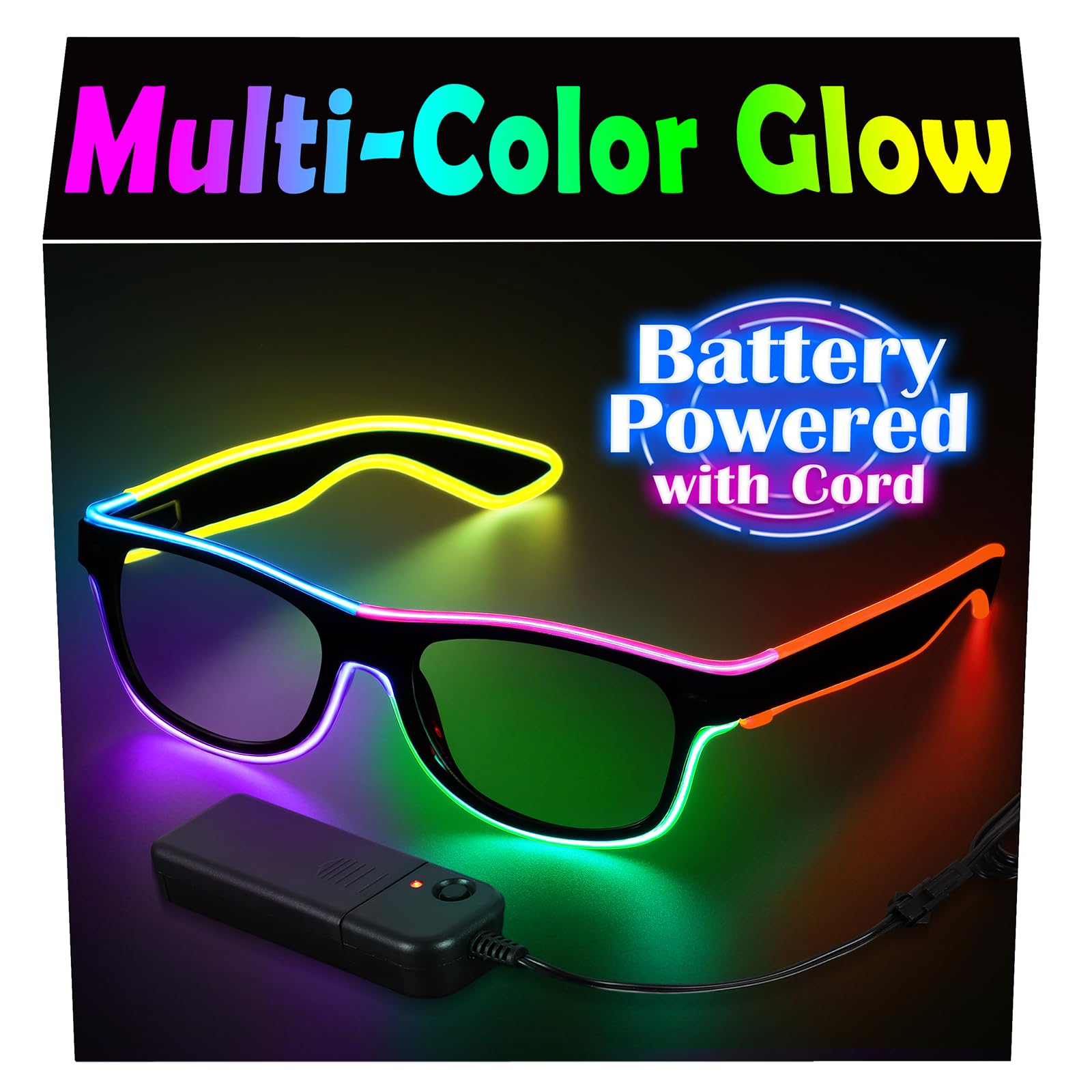Photo 1 of YouRfocus LED Light Up Glasses Multi-Color Glow in the Dark Neon Rave Glasses, Battery Pack Powered with Cord, Party EDM Festival Halloween Concert Accessories (6 Colors)
