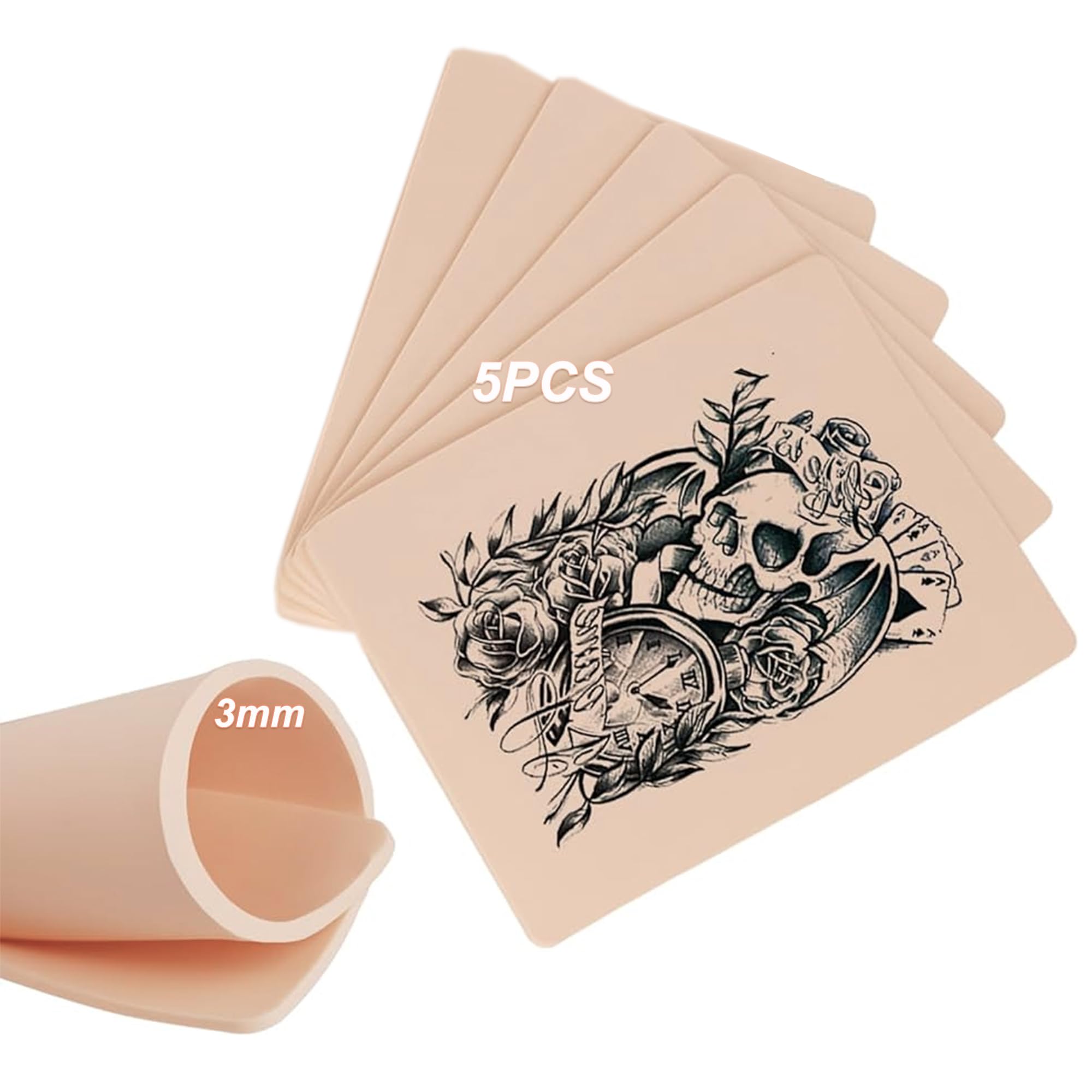 Techson Tattoo Skin Practice, 5Pcs 3mm Blank Double Slides Fake Skin for Tattoo Beginners and Microblading Eyebrow Practice (7.7 x 5.9in)