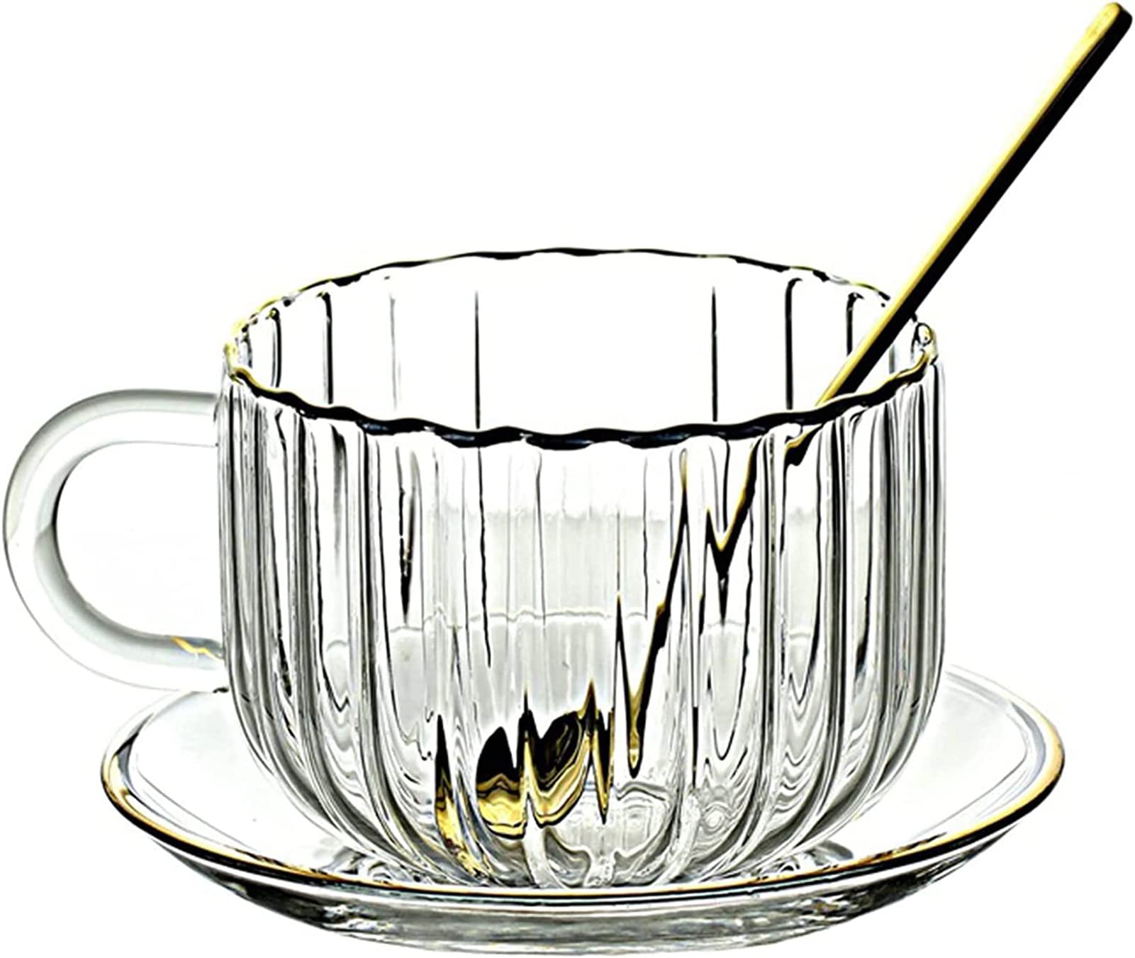 KKGUD Pumpkin Shaped Glass Coffee Mug with Saucer and Spoon, 14.5oz Glass Teacup with Gold Rim