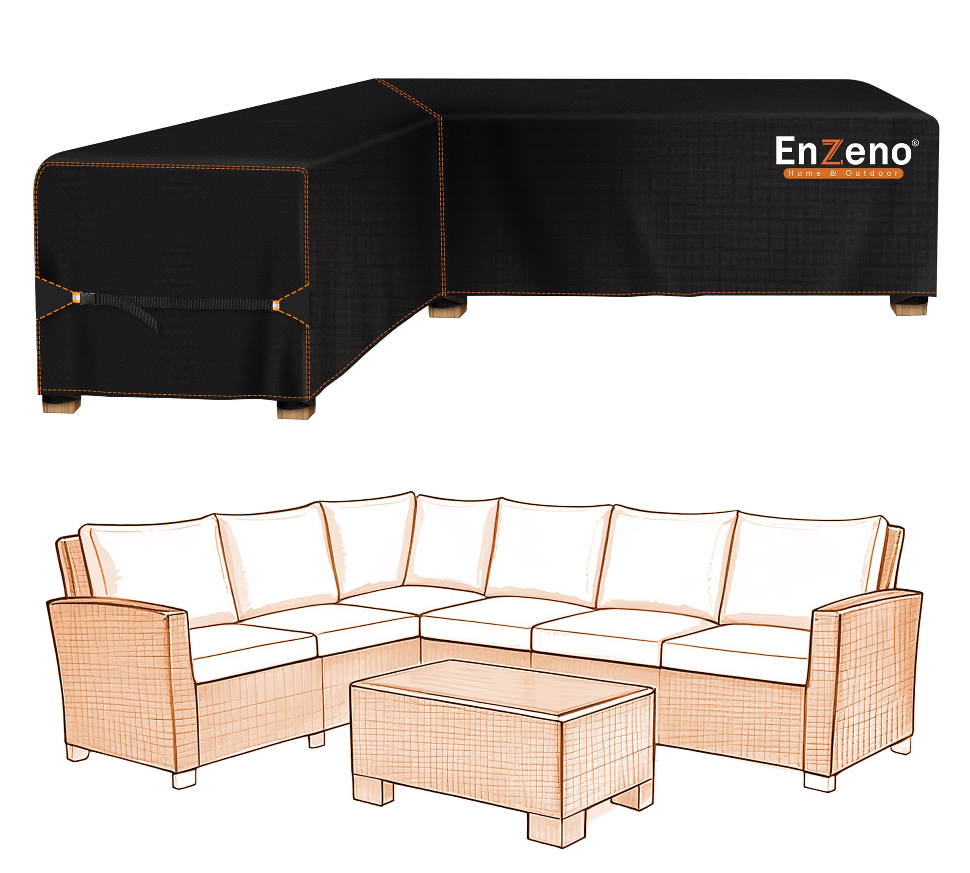 Enzeno Garden Furniture Covers waterproof, 420D Oxford Fabric l shaped outdoor sofa cover, Rattan Corner Sofa Cover with Waterproof Tape (222x286x87CM) Right Side Long