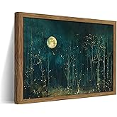 Vintage Moon Forest Wall Art, Dark Green Nature Landscape Canvas Wall Decor Paintings, Night Sky View Artwork Posters Prints Pictures for Bedroom Living Room Home Decor 8x10 Inch Wood Framed