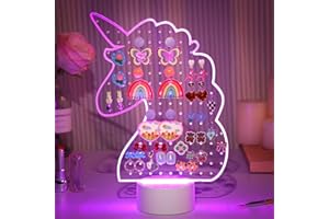 Biggun Unicorn Earring Holder Organizer for Girls, 7 Colors 9 Modes LED Light Up Acrylic Earrings Stand, 133 Holes Transparent Pegboard Stud Earring Tree for Girls Women Jewelry Display Storage Gifts