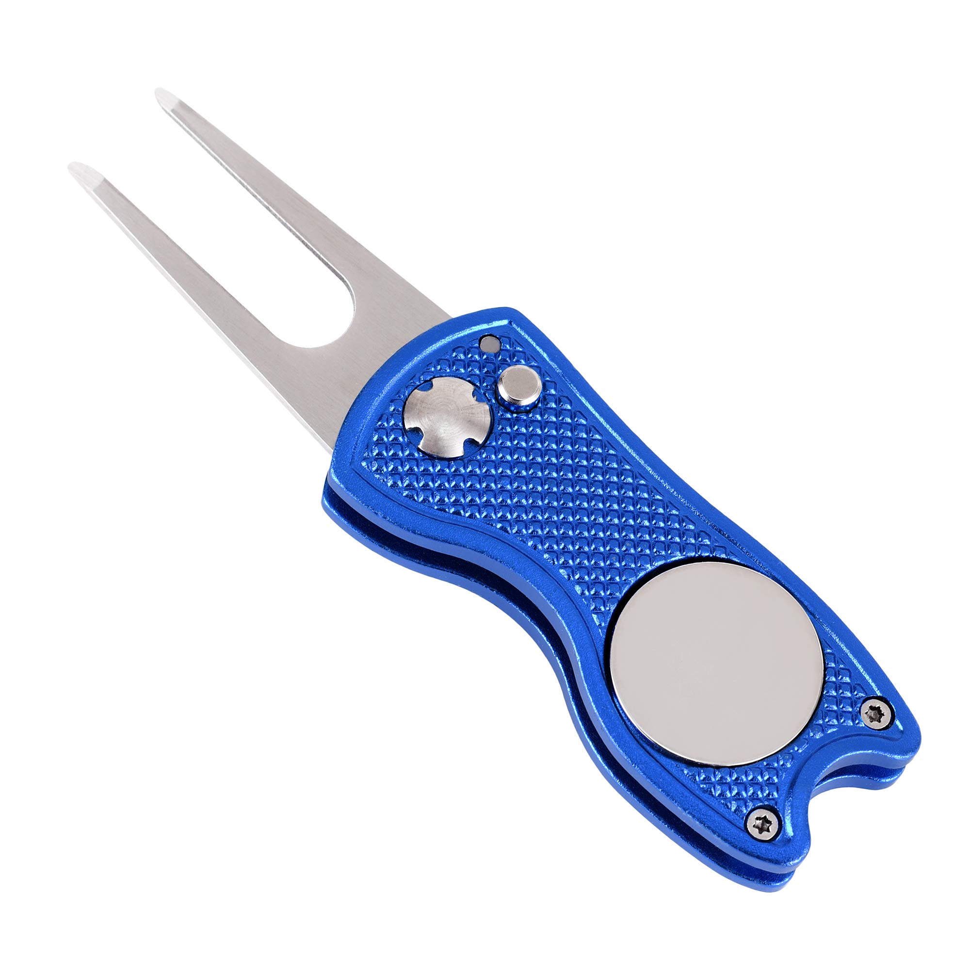 Mile High Life All Metal Foldable Golf Divot Tool with Pop-up Button & Magnetic Ball Marker (Blue Fish)