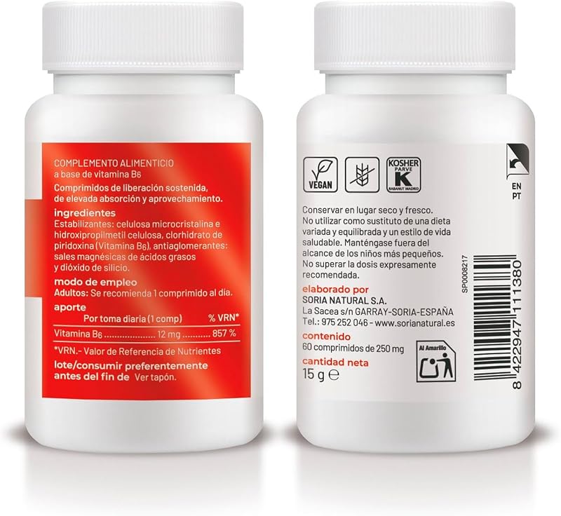 Vitamina B6 - Vegan - Ajuda a recuperar energia - Apoia a redução do cansaço e da fadiga - 60 comprimidos de libertação prolongada 250 mg - vitaminas Mulheres e Homens