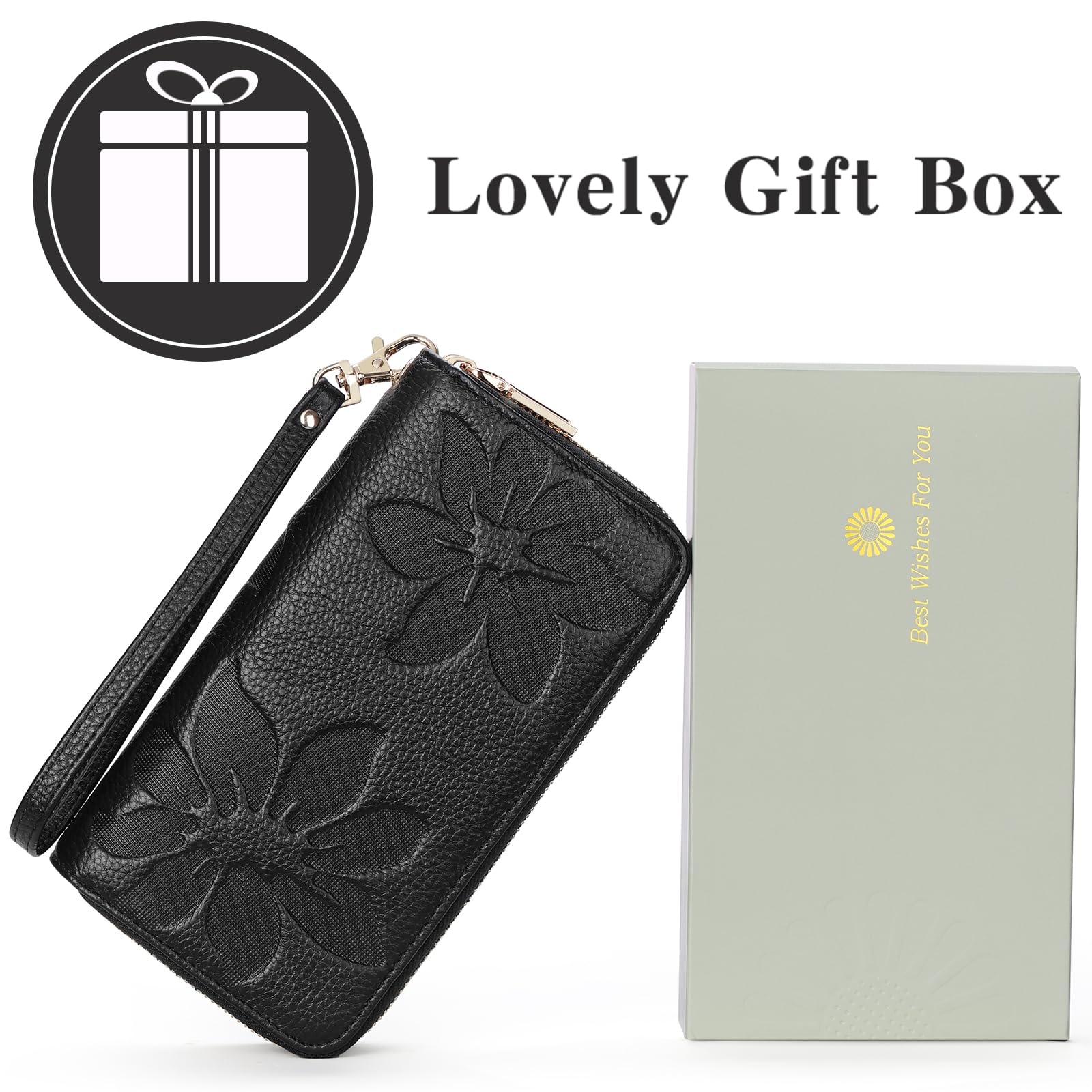 GOIACII Women's Wallet Large Capacity Double Zip Ladies Card Phone Holder RFID Blocking Wristlet Leather