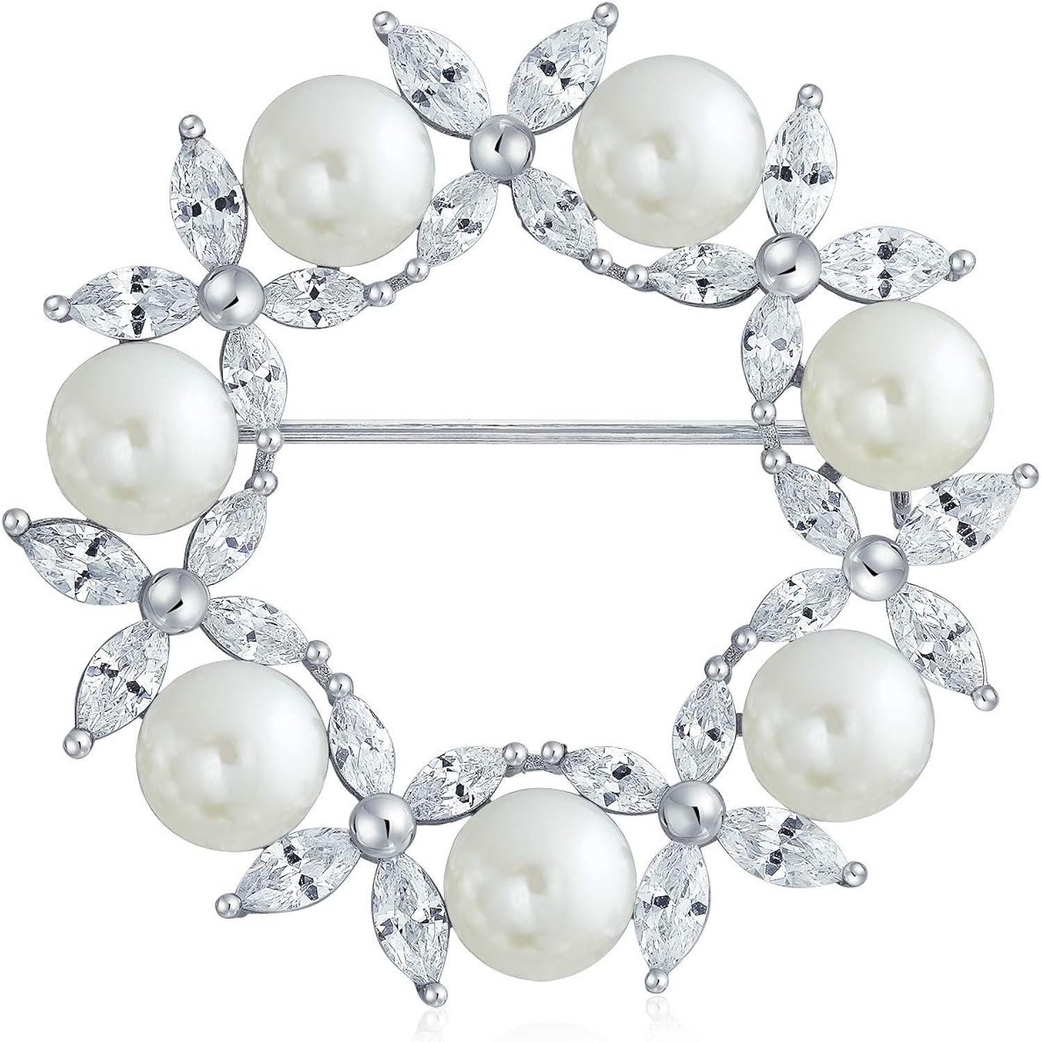 Elegant Bridal Holiday Marquise CZ Cubic Zirconia Round White Simulated Pearl Wreath Circle Scarf Brooch Pin For Women Wedding