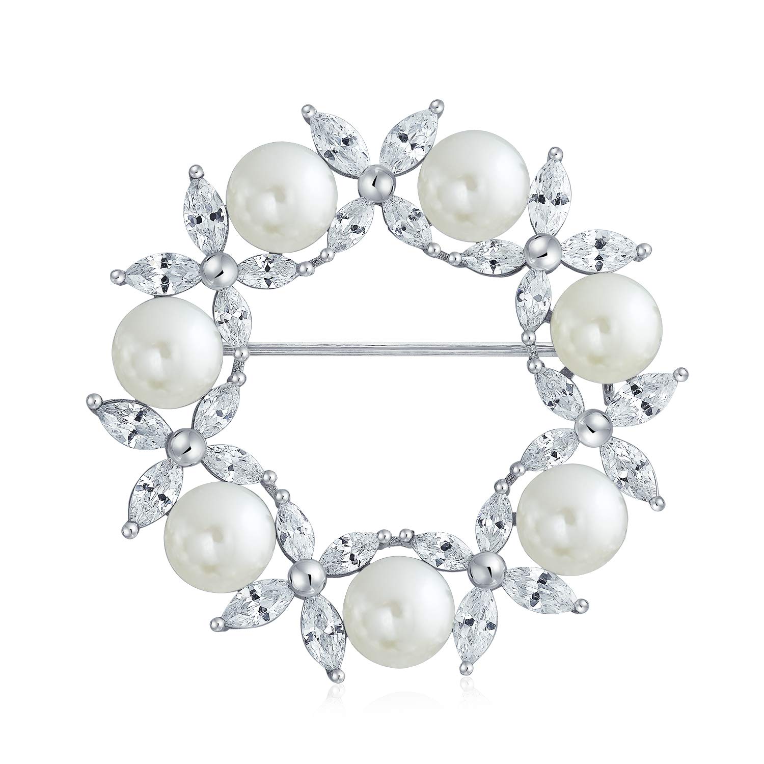 Elegant Bridal Holiday Marquise CZ Cubic Zirconia Round White Simulated Pearl Wreath Circle Scarf Brooch Pin For Women Wedding