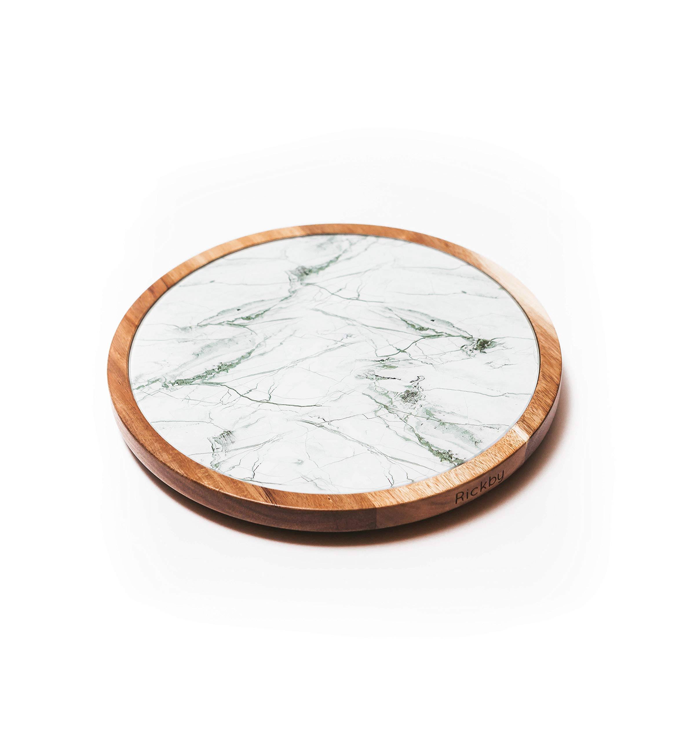 Lazy Susan Turntable - 2in1 Acacia Wood and Removable Glass Plate with White & Gray Marble Texture 12 inch