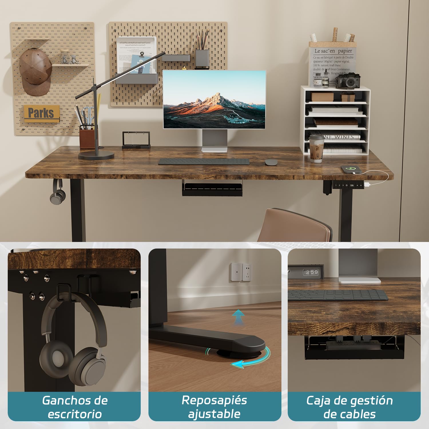 Airfish Höhenverstellbarer Schreibtisch 140x70 cm, Elektrisch Schreibtisch mit Kabelwanne, Computertisch mit USB-Buchse, Bürotisch, Stehpult mit Erinnerung an sitzende Tätigkeiten, Vintage-Braun 5