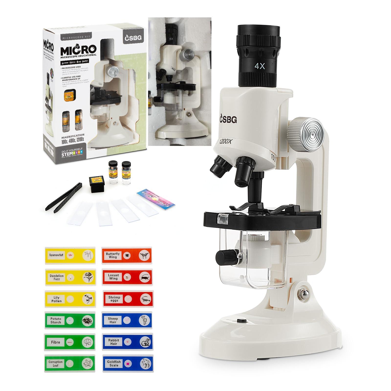 Kids Microscope, Microscope for Kids Portable Microscopes Kid Educational Science Kit for Kid Beginner Microscopes 100X 400X and 1200X with Sample Prepared Slides 12pcs Educational Toy, White