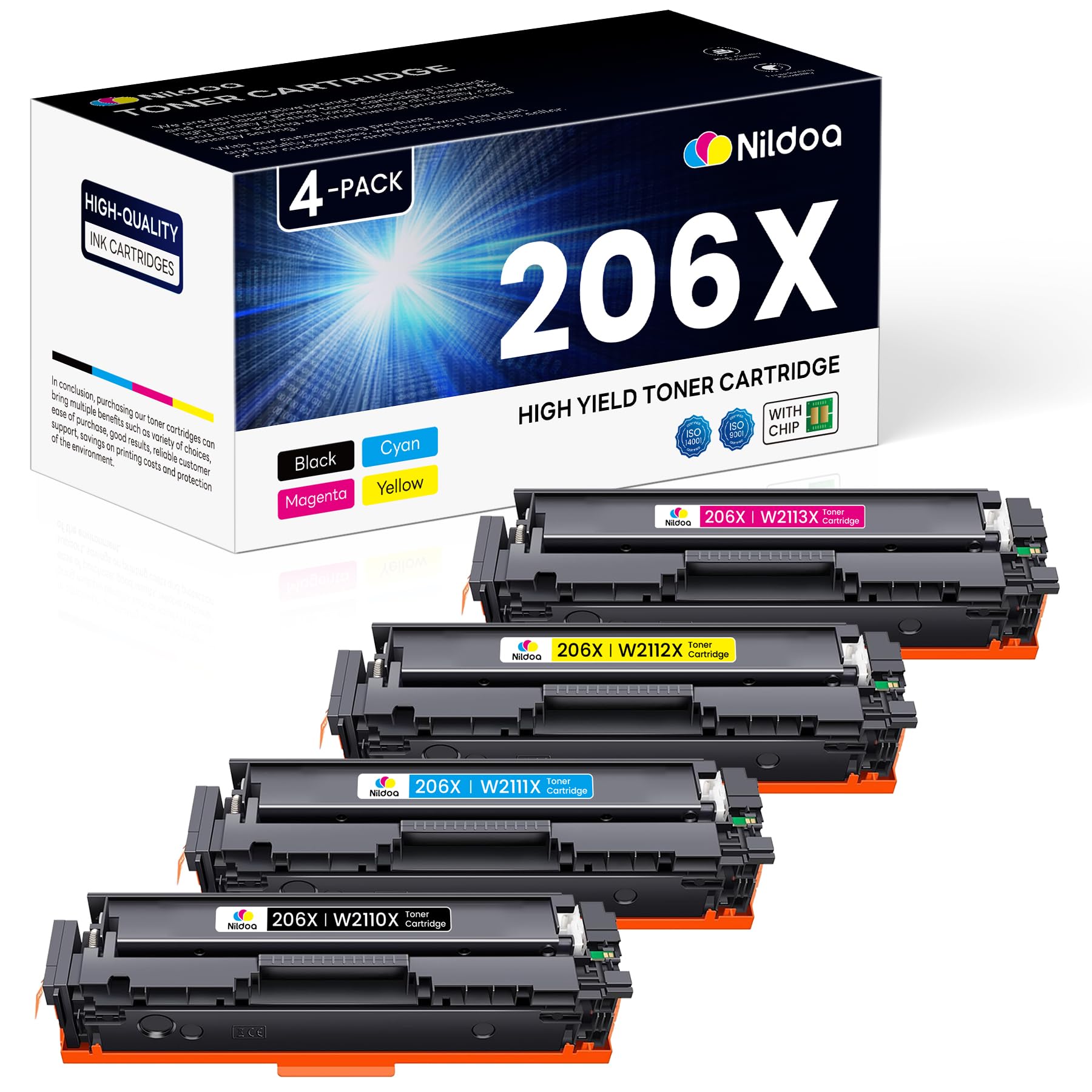 Photo 1 of 206X Toner Cartridges 4 Pack High Yield Set Replacement for HP 206X Black Cyan Yellow Magenta Color Pro M255dw M255nw; MFP M282nw M283cdw M283fdn M283fdw Ink Cartridges with Chip