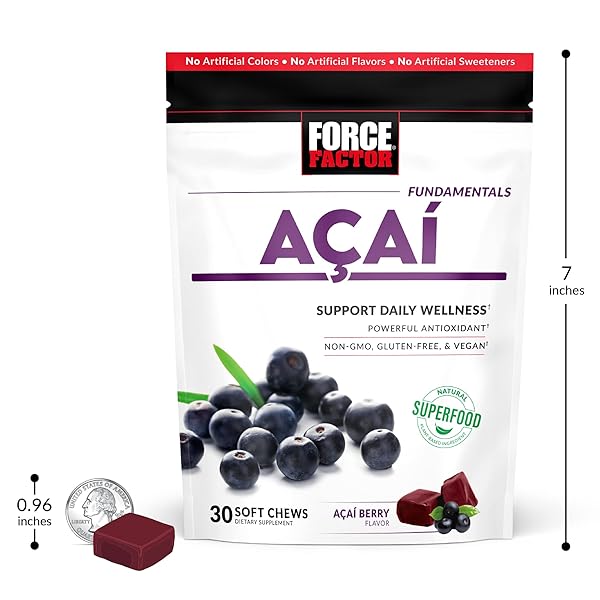 FORCE FACTOR ACAI SOFT CHEWS FOR IMMUNE SUPPORT, OXIDATIVE STRESS DEFENSE, AND DAILY WELLNESS, SUPERFOOD AND ANTIOXIDANTS SUPPLEMENT, NON-GMO, GLUTEN-FREE, AND VEGAN, ACAI BERRY FLAVOR, 30 SOFT CHEWS