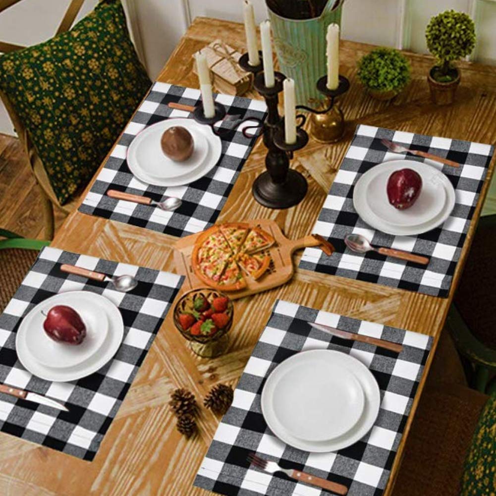 HAKACC 6 PCS Christmas Holiday Placemats Buffalo Plaid Placemats White Black Reversible Placemats for Christmas Holiday Birthday Party Table Home Decoration