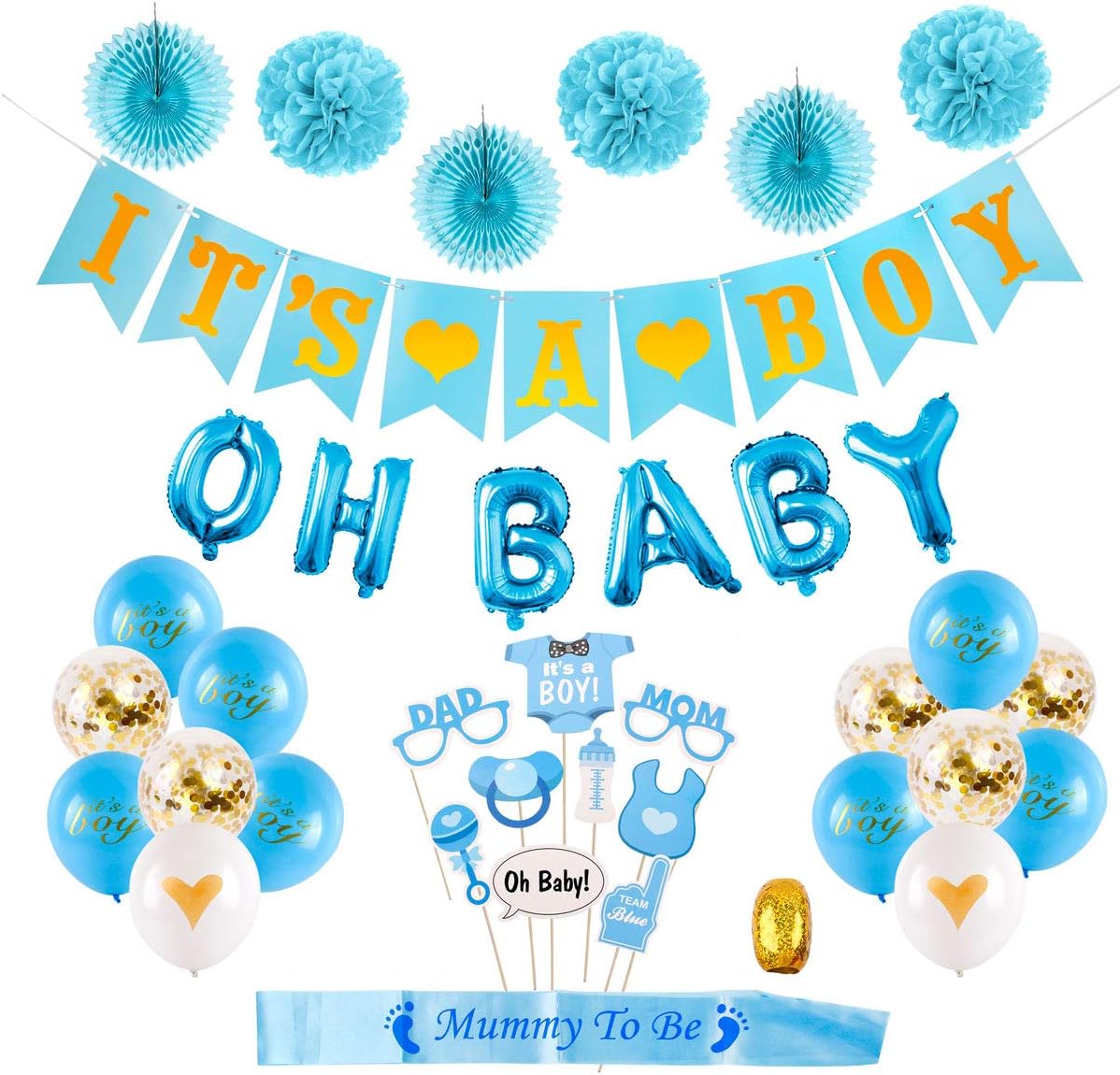 Baby Shower Decorations Boy Kit- It's a Boy Banner,OH BABY Letters Balloons,Unique Photo Booth Props,Flower Pom Poms,Fans,Sash, Blue It’s a Boy Balloons, Confetti Balloons,Baby Shower Bundle by HuiRan