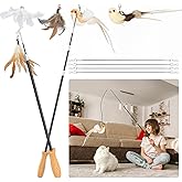 ROSAUI 4-Stage Telescopic Cat Wand Toy Set – 2 Extendable Rods (Up to 137cm) with 5 Feather & Bird Attachments, Wooden Handle