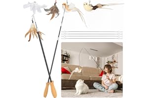 ROSAUI 4-Stage Telescopic Cat Wand Toy Set – 2 Extendable Rods (Up to 137cm) with 5 Feather & Bird Attachments, Wooden Handle