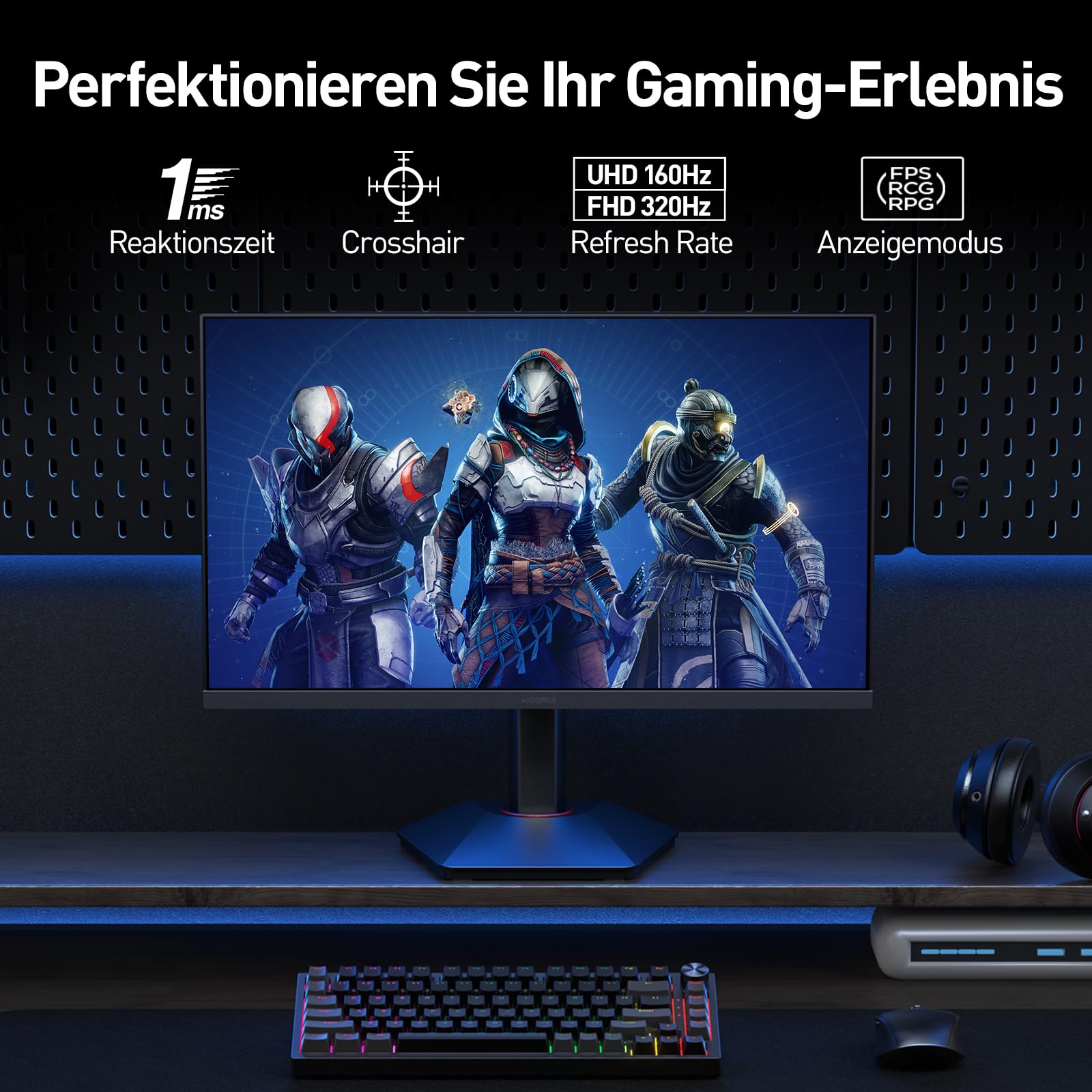 KOORUI G2741L Gaming Monitor 27 Zoll, Dual-Modus 4K UHD 3840x2160 at 160Hz und FHD at 320Hz PC Bildschirm, Fast IPS 1ms HDR 400, 2xHDMI 2.1&DP1.4 4