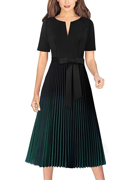 VFSHOW WOMENS PLEATED FRONT ZIPPER BELTED BUSINESS OFFICE CASUAL PARTY A-LINE BLACK OMBRE GREEN MIDI DRESS 10346 GRN XL