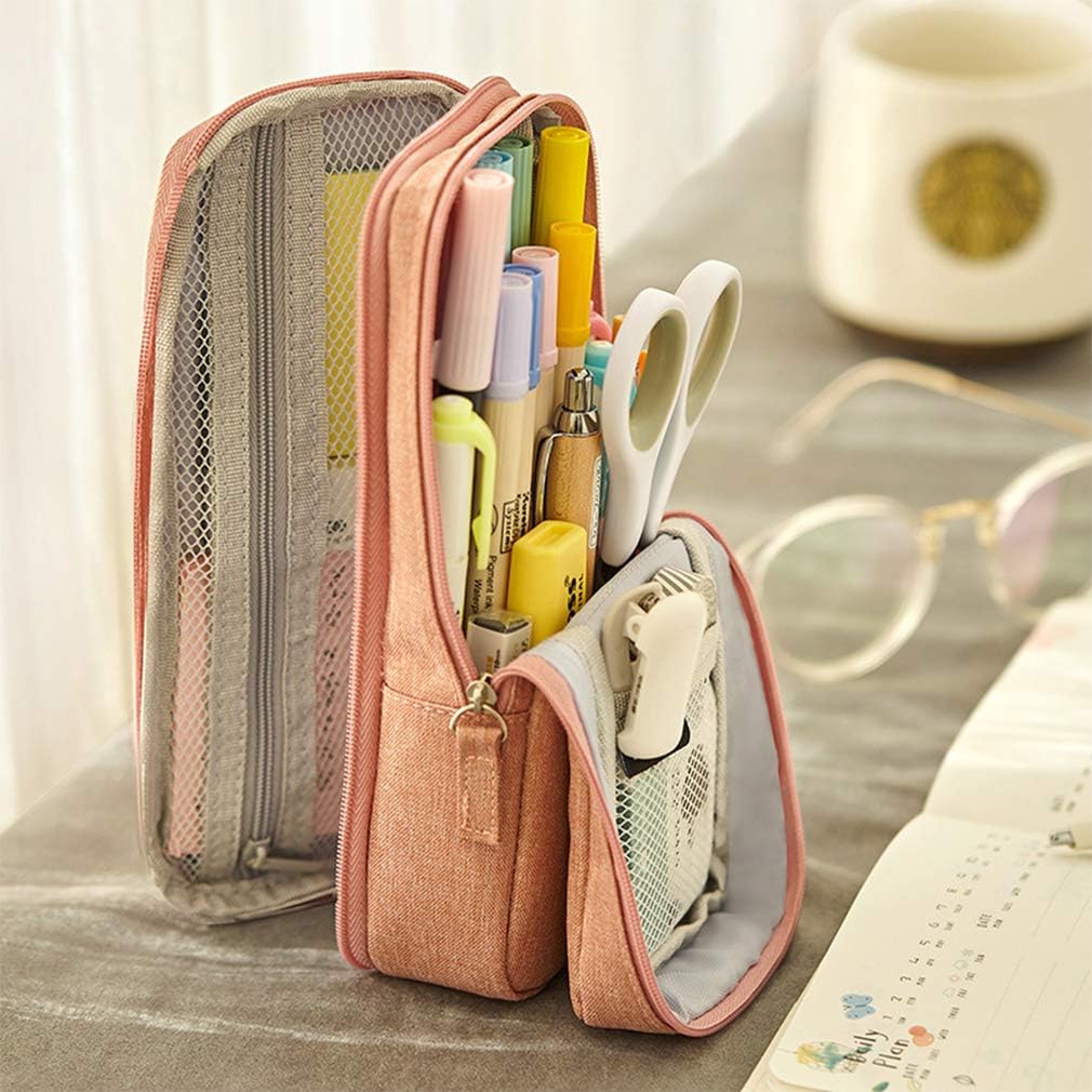 iSuperb 2 Layer Standing Pencil Case Phone Support Stand Up Pen Pouch Fold Down Pen Houder Double Pen Holder with Zipper - Image 3